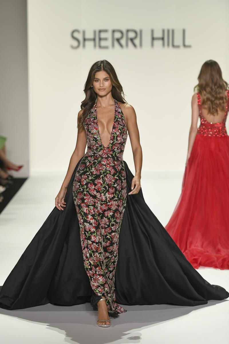 Sherri Hill Plunging Beaded Floral Evening Dress 67096