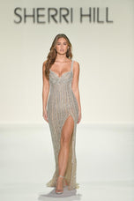 Sherri Hill Draped Pearl Open Back Beaded Prom Dress 67126