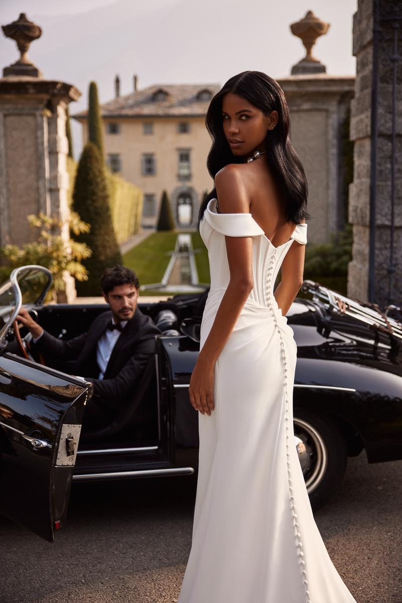Sherri Hill Off Shoulder Corset Bridal Gown with Slit 81129 Sherri Hill Off Shoulder Corset Bridal Gown with Slit 81129