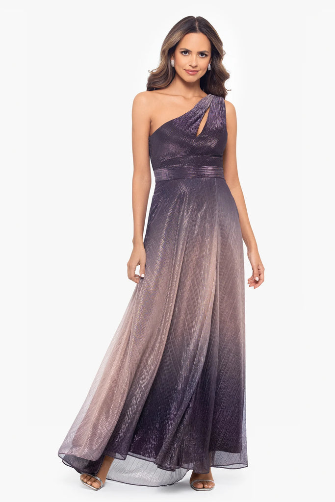 Betsy and Adam "Nicoletta" Ombre Crinkle Metallic One Shoulder Dress A26611