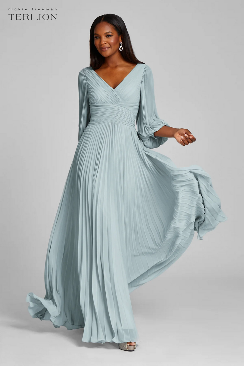 Teri Jon Pleated Chiffon Puff Sleeve Evening Dress 209098 Teri Jon Pleated Chiffon Puff Sleeve Evening Dress 209098