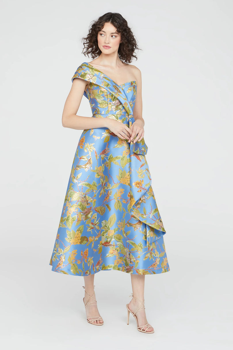 Theia Women's Dalia Floral One-Shoulder Cocktail Dress - Cornflower Marigold - Size 8 Theia Women's Dalia Floral One-Shoulder Cocktail Dress - Cornflower Marigold - Size 8