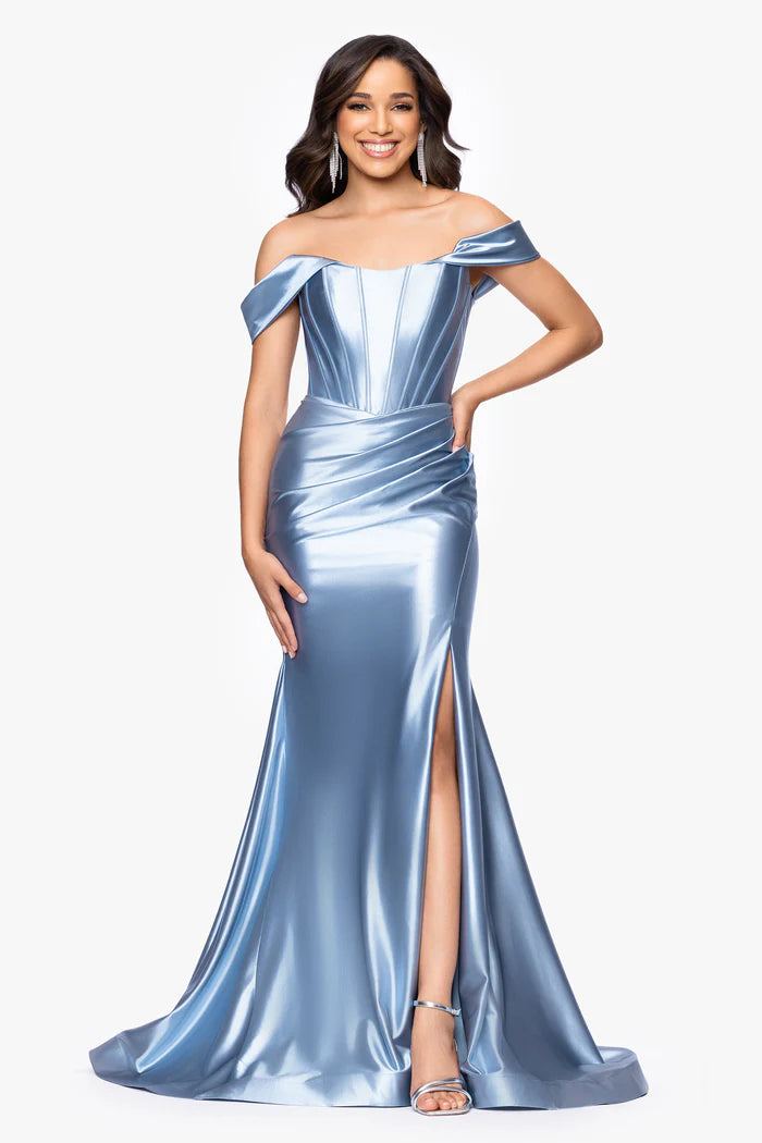 betsy adam off shoulder dress Betsy & Adam Women's One Shoulder Satin Sheath Gown, Navy Blue, 12