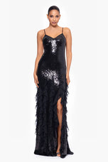 Betsy & Adam "Milan" Sequin Chiffon Ruffles Dress A26805
