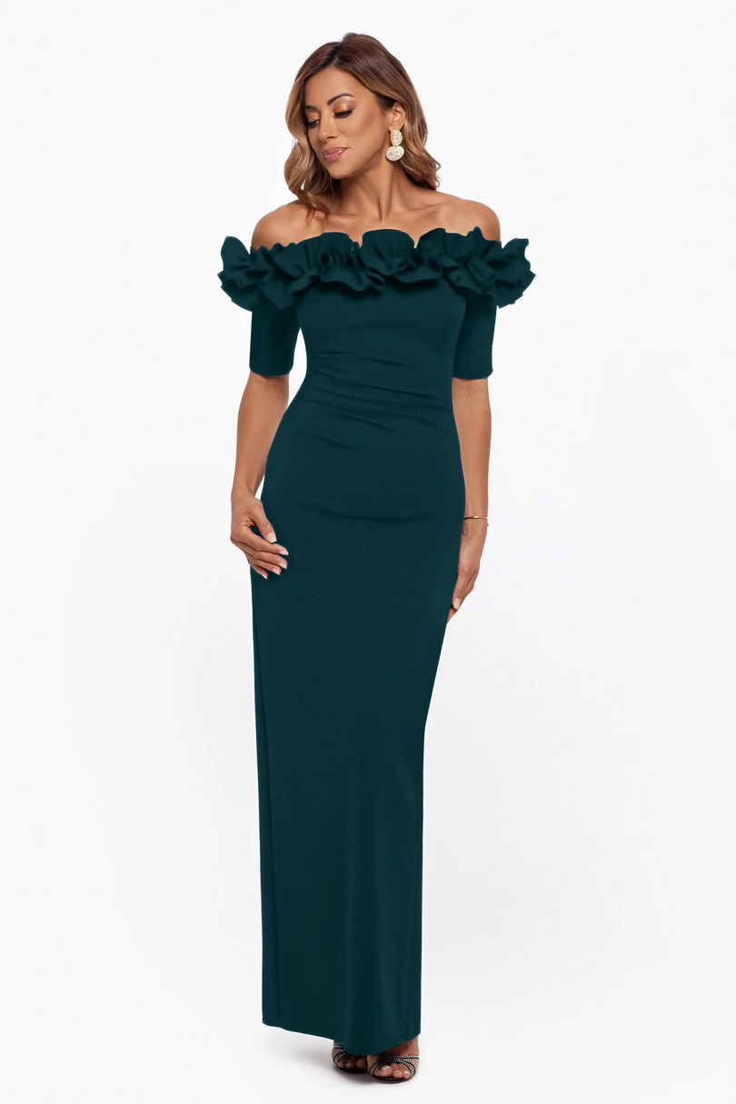 Xscape "Isla" Crepe Off the Shoulder Ruffle Dress 3856X Xscape "Isla" Crepe Off the Shoulder Ruffle Dress 3856X