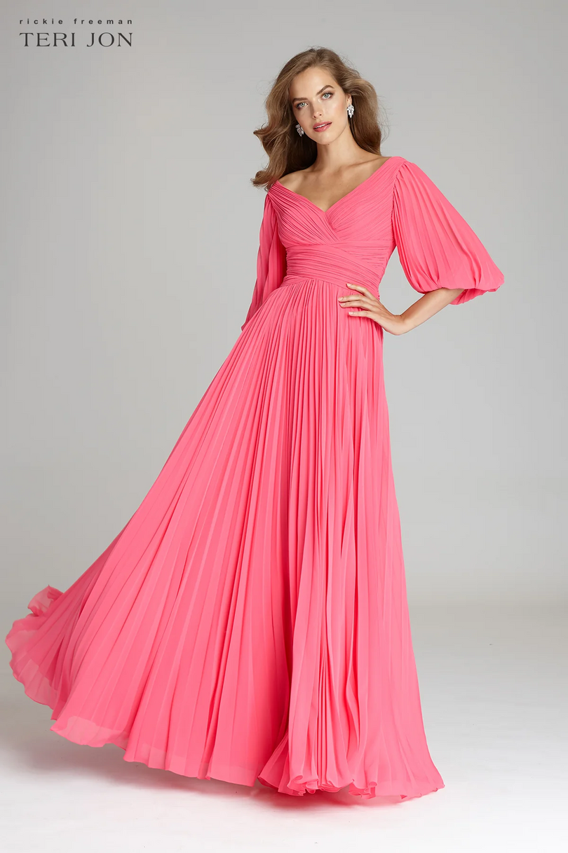 Teri Jon Pleated Chiffon Puff Sleeve Evening Dress 209098 Teri Jon Pleated Chiffon Puff Sleeve Evening Dress 209098