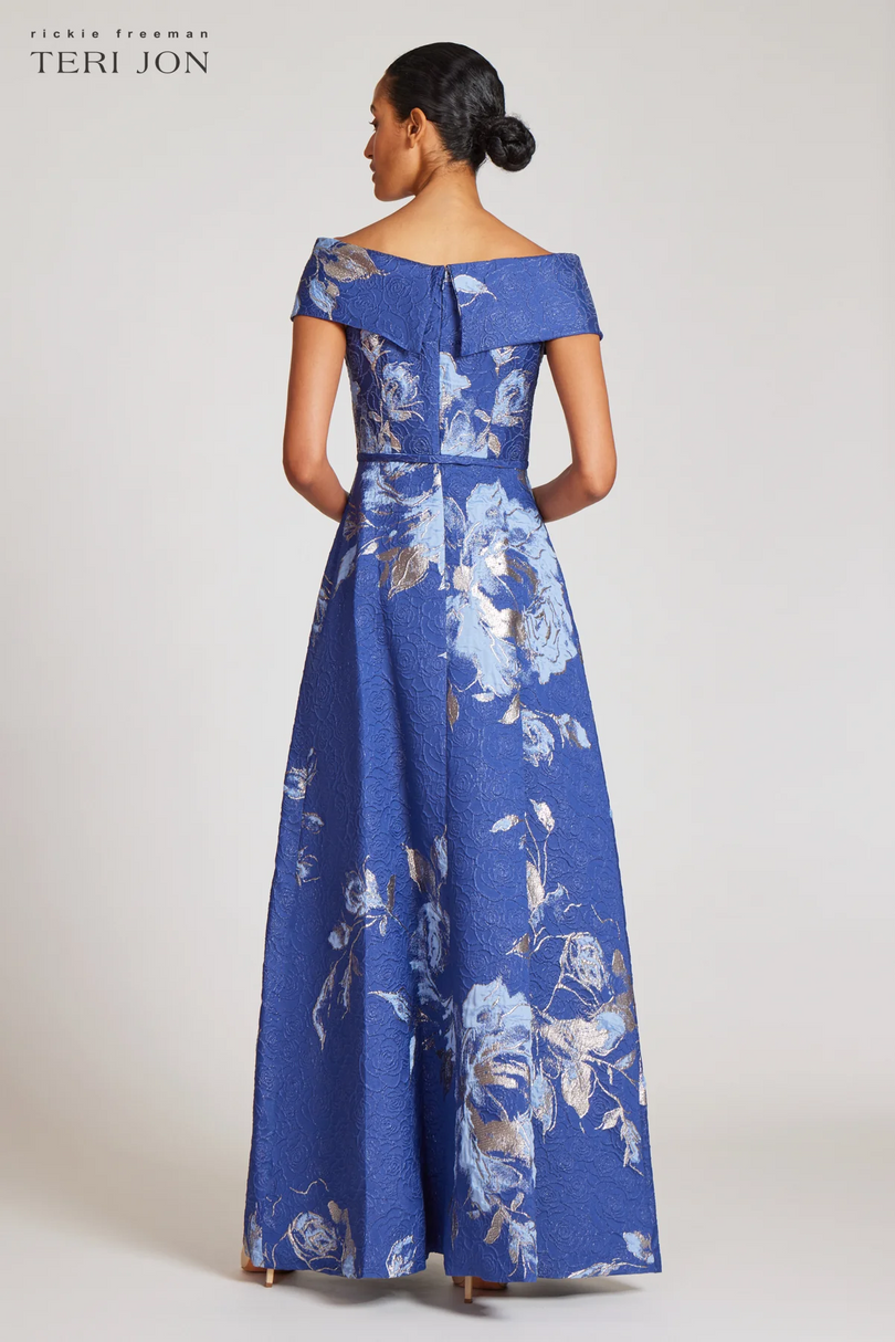 Teri Jon Floral Jacquard Off the Shoulder Gown 217048 Teri Jon Floral Jacquard Off the Shoulder Gown 217048