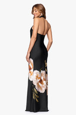 Betsy & Adam Satin Knot Neckline Long Dress A27981
