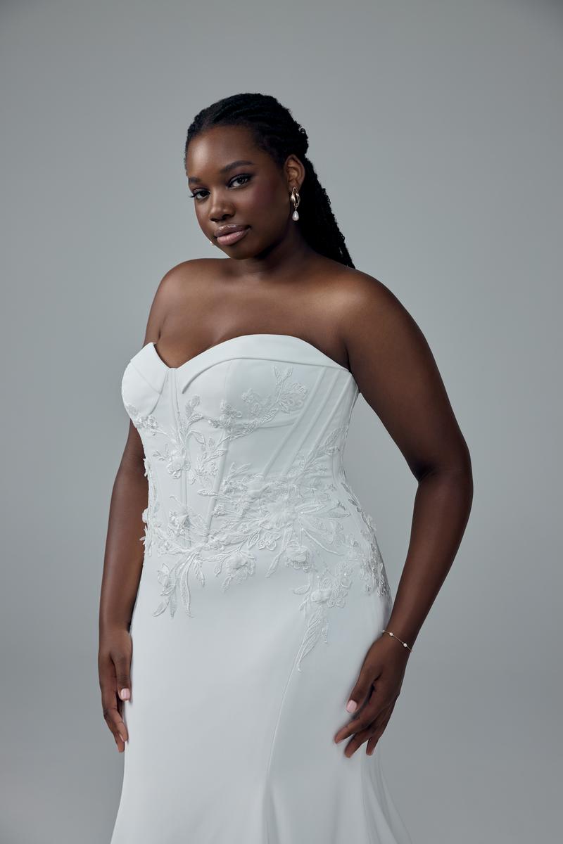 Sophia Tolli "Roxy" Crepe Sheath Bridal Gown with Lace Bodice