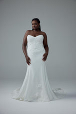 Sophia Tolli "Roxy" Crepe Sheath Bridal Gown with Lace Bodice