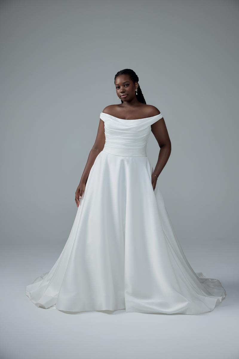 Sophia Tolli "Cecelia" Off Shoulder Satin Ballgown