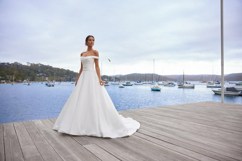 Sophia Tolli "Cecelia" Off Shoulder Satin Ballgown