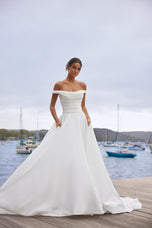 Sophia Tolli "Cecelia" Off Shoulder Satin Ballgown