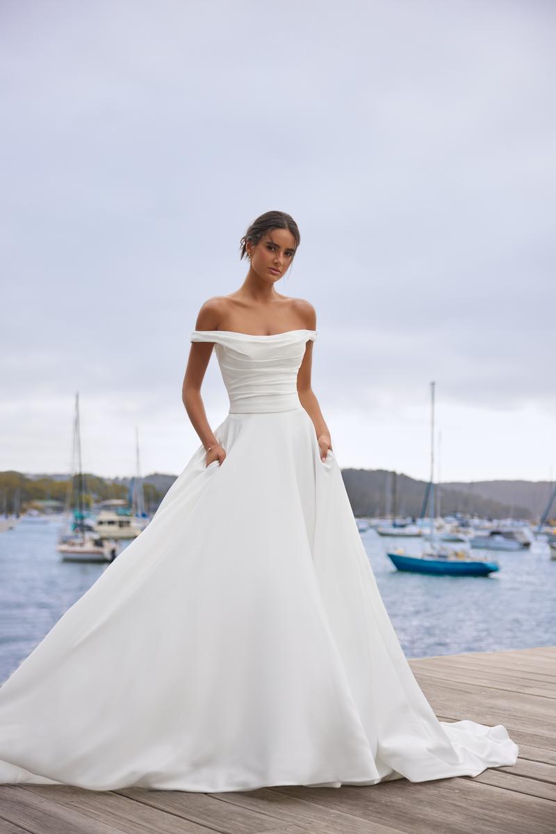 Sophia Tolli "Cecelia" Off Shoulder Satin Ballgown