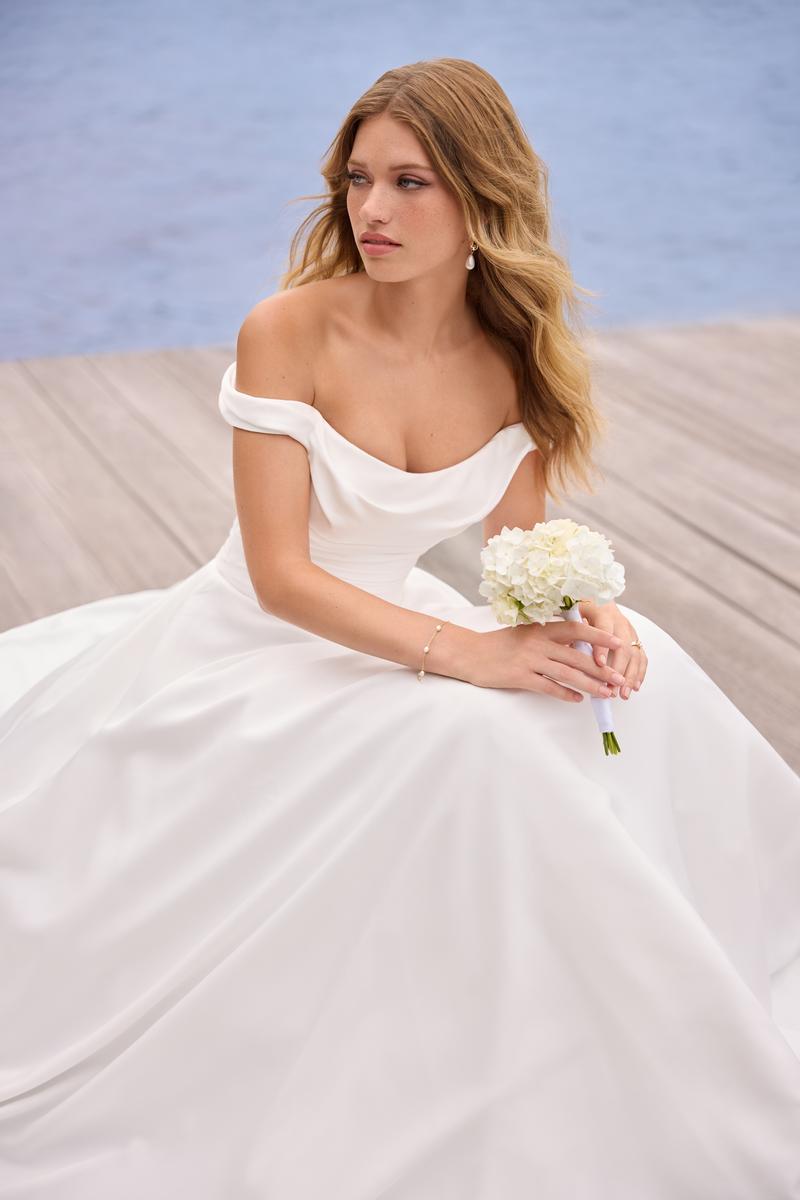 Sophia Tolli "Cecelia" Off Shoulder Satin Ballgown