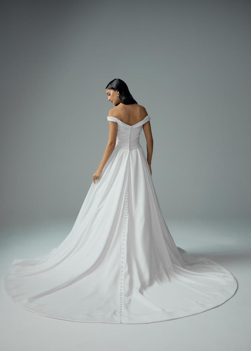 Sophia Tolli "Cecelia" Off Shoulder Satin Ballgown