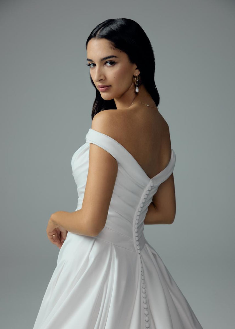 Sophia Tolli "Cecelia" Off Shoulder Satin Ballgown