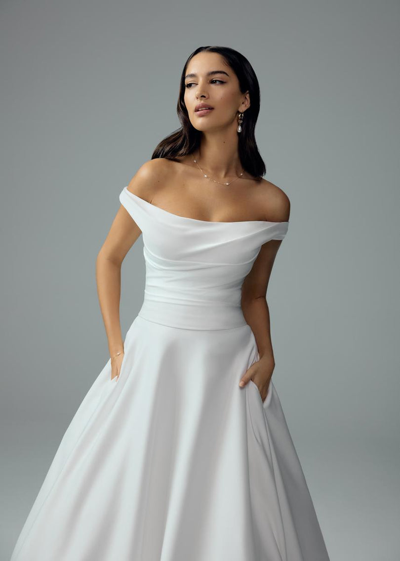 Sophia Tolli "Cecelia" Off Shoulder Satin Ballgown