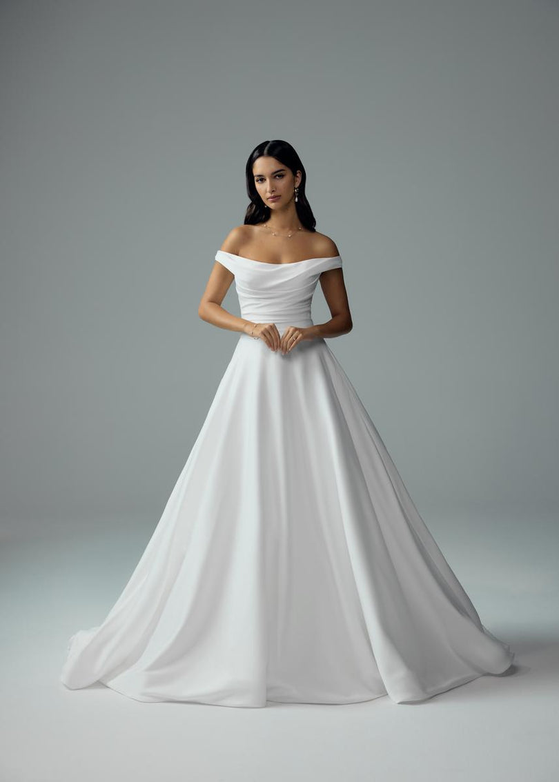 Sophia Tolli "Cecelia" Off Shoulder Satin Ballgown
