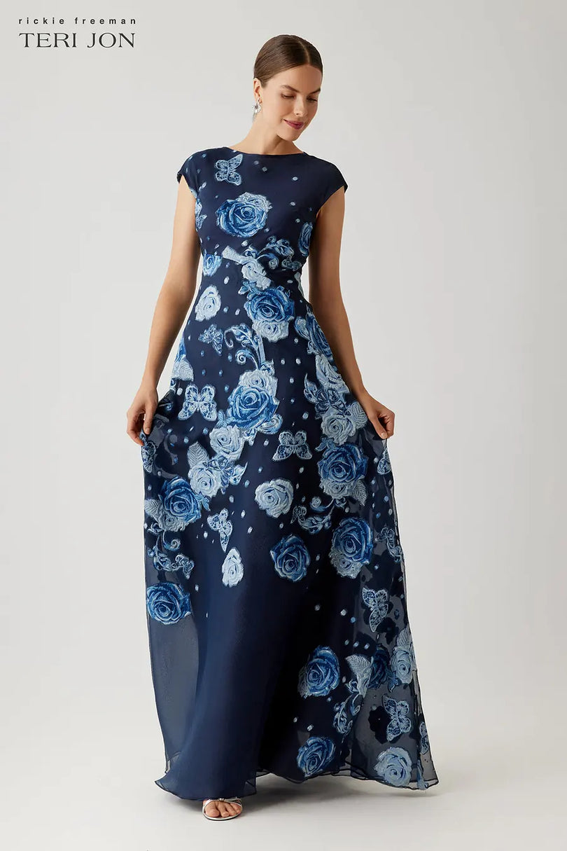 Teri Jon Floral Print Organza Long Evening Dress 266071