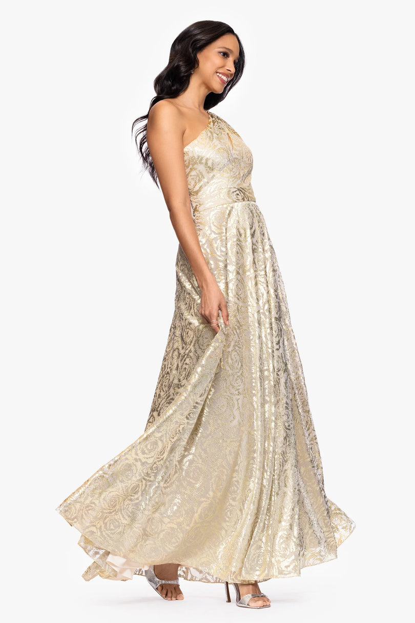 Betsy & Adam Mariah Metallic Foil One Shoulder Dress A27193 Betsy & Adam Mariah Metallic Foil One Shoulder Dress A27193