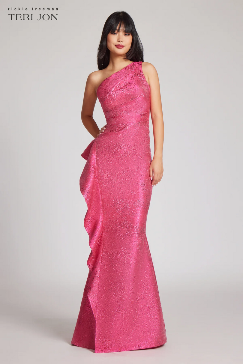 Teri Jon Jacquard Side Ruffle One Shoulder Gown 246024 Teri Jon Jacquard Side Ruffle One Shoulder Gown 246024