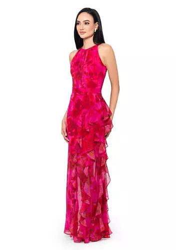Betsy & Adam Halter Floral Chiffon Dress A26513