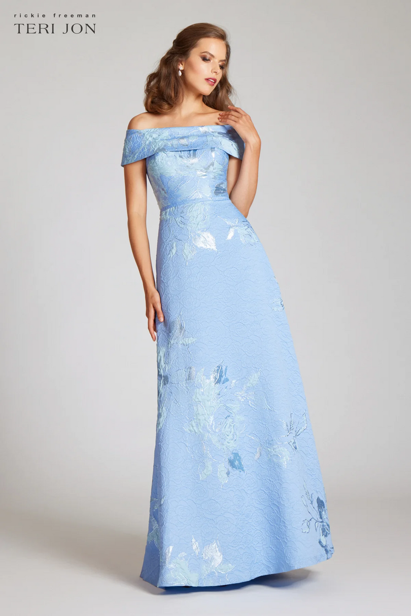 Teri Jon Floral Jacquard Off the Shoulder Gown 217048 Teri Jon Floral Jacquard Off the Shoulder Gown 217048