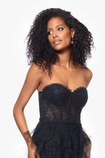 Betsy & Adam "Angelina" Strapless Mesh Ruffle Dress A26845