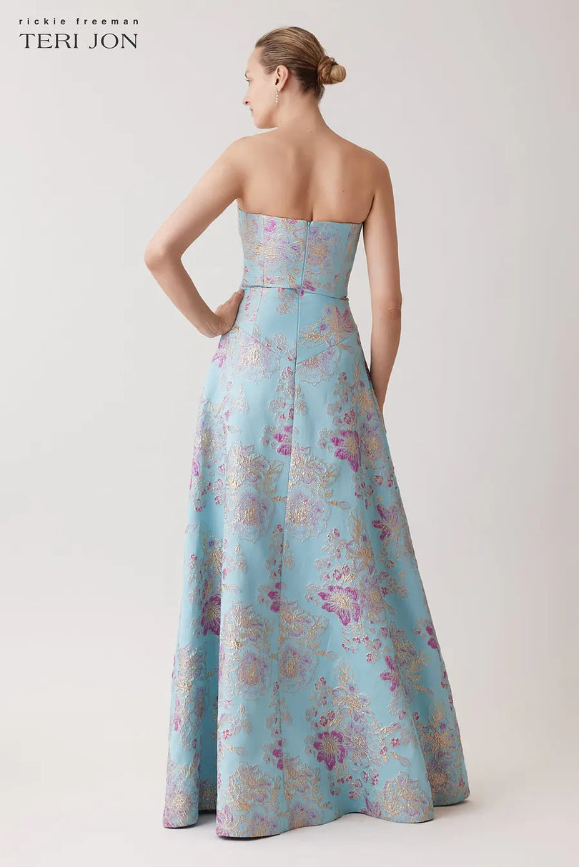 Teri Jon Strapless Jacquard A-Line Long Evening Dress 259019