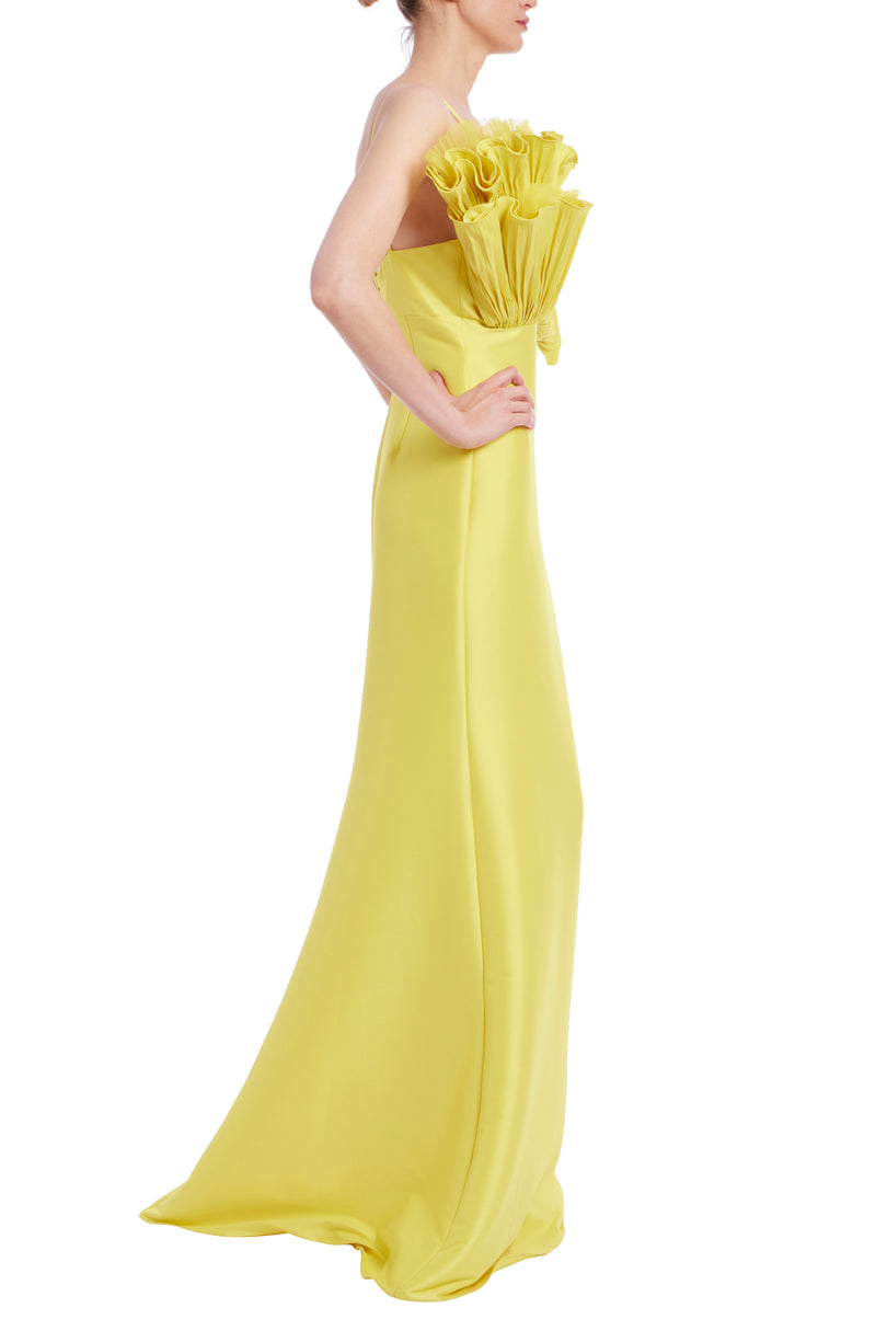 Badgley Mischka Pleated Ruffle Fan Flared Mikado Gown EG4416 Badgley Mischka Pleated Ruffle Fan Flared Mikado Gown EG4416