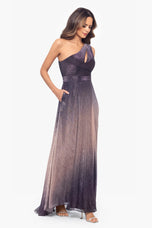 Betsy and Adam "Nicoletta" Ombre Crinkle Metallic One Shoulder Dress A26611
