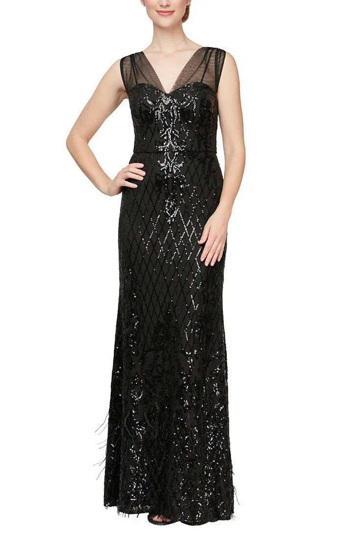 Alex Evenings Sleeveless Sequin Dress feather skirt 8196715 Alex Evenings Sleeveless Sequin Dress feather skirt 8196715