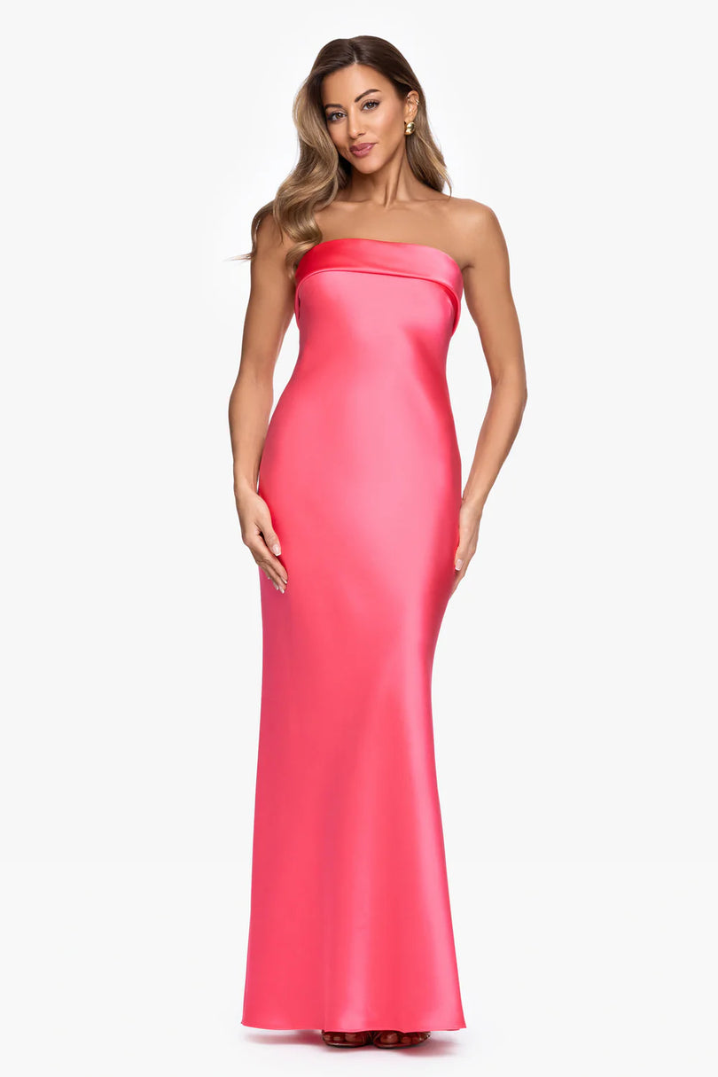Xscape Long Satin Strapless Gown, Womens, 4, Coral