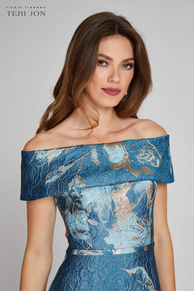 Teri Jon Floral Jacquard Off the Shoulder Gown 217048 Teri Jon Floral Jacquard Off the Shoulder Gown 217048
