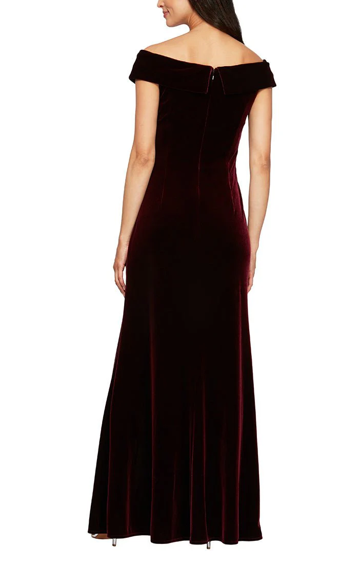 alex evening dresses burgundy ALEX EVENINGS PETITE Womens Burgundy Gathered Zippered 3/4 Sleeve V Neck Maxi Evening Sheath Dress Petites 14P