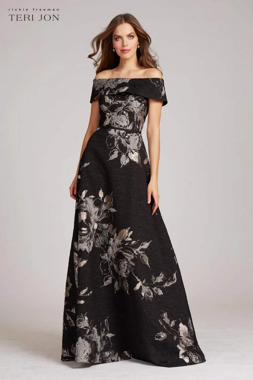 Teri Jon Floral Jacquard Off the Shoulder Gown 217048 Teri Jon Floral Jacquard Off the Shoulder Gown 217048