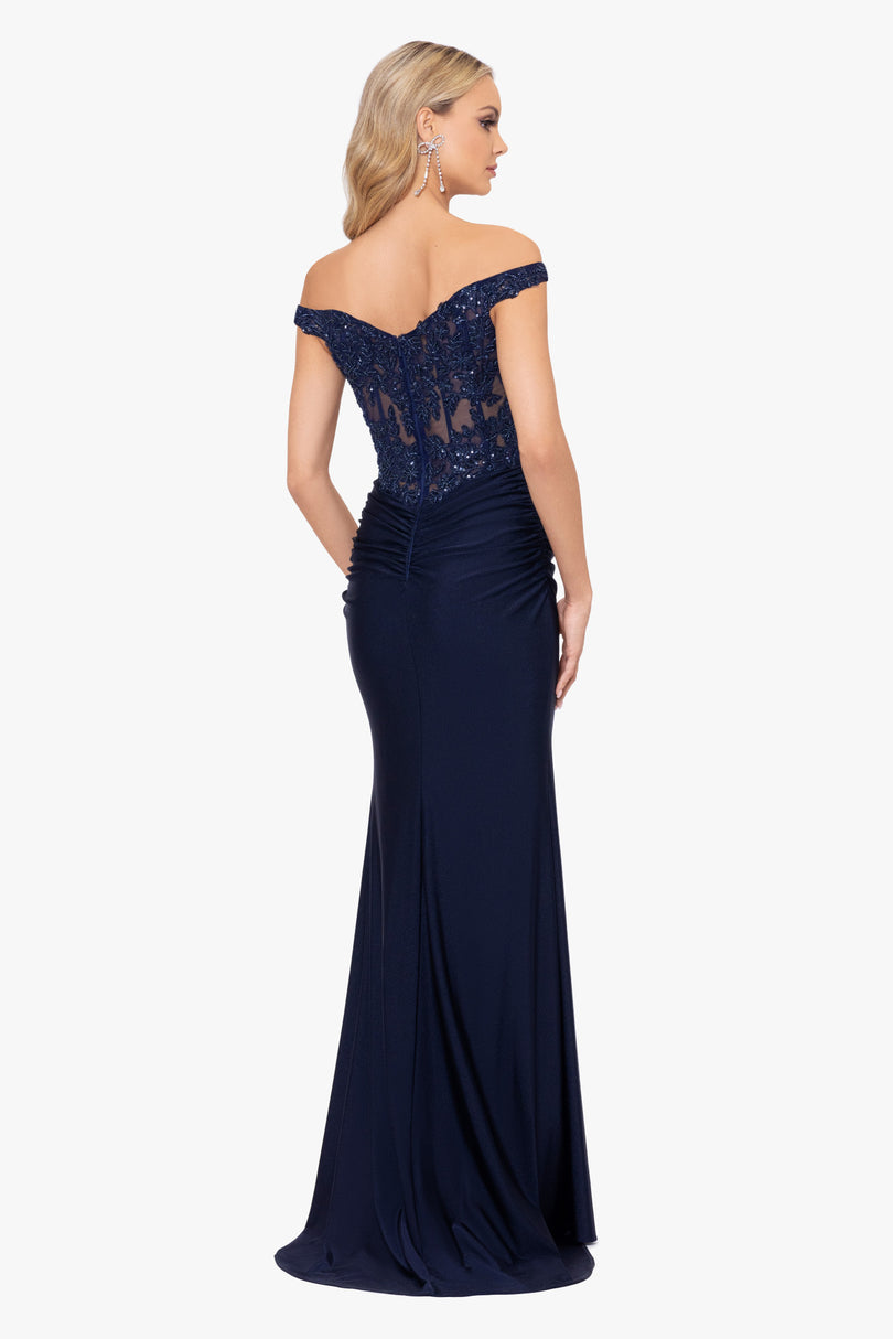 betsy and adam navy lace dress Betsy & Adam Lace Prom Dress 4 New with Tags Evening Gorgeous Formal Navy