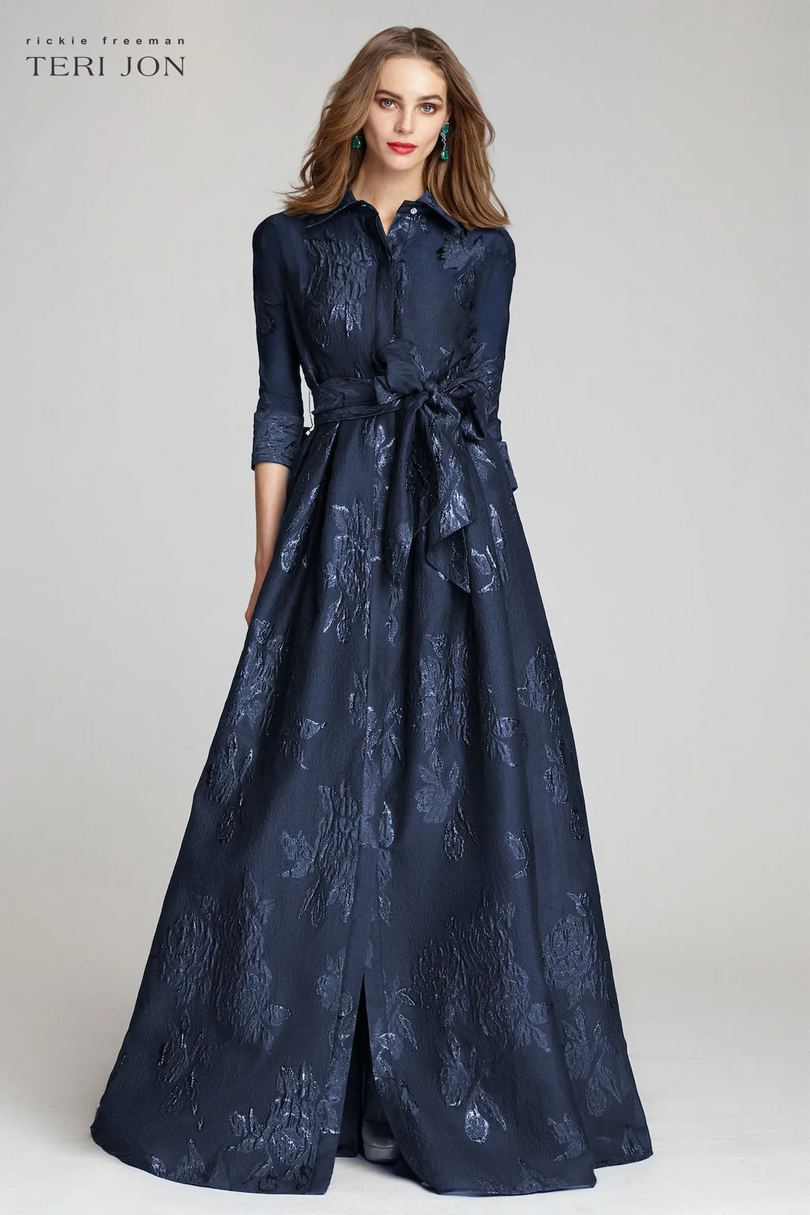 Teri Jon Metallic Jacquard Shirtdress Evening Gown 207015 Teri Jon Metallic Jacquard Shirtdress Evening Gown 207015