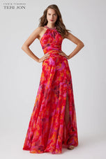 Teri Jon Floral Chiffon Beaded Halter Maxi Dress 256019