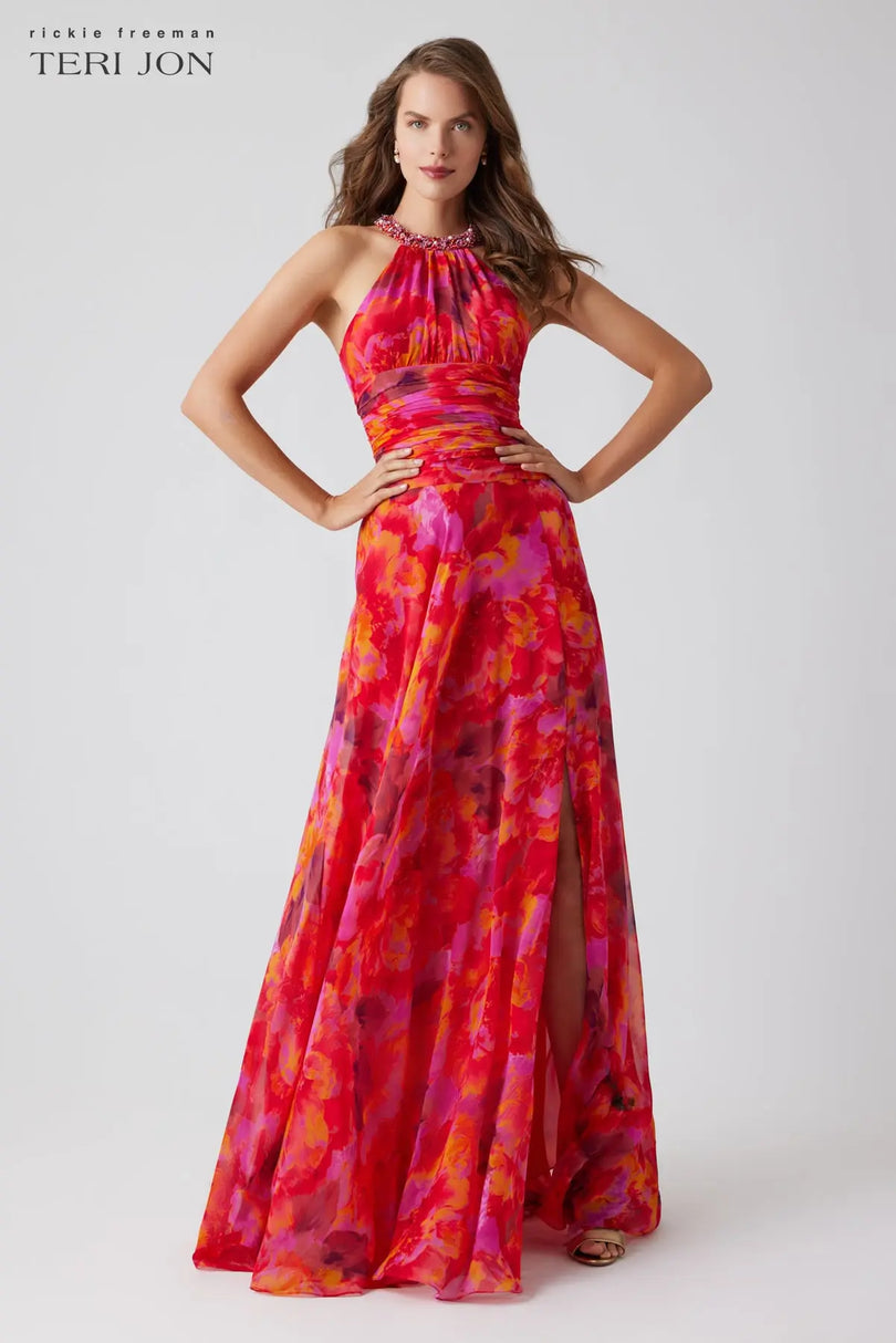 Teri Jon Floral Print Chiffon Beaded Halter MaxiDress 256019 Teri Jon Floral Print Chiffon Beaded Halter MaxiDress 256019