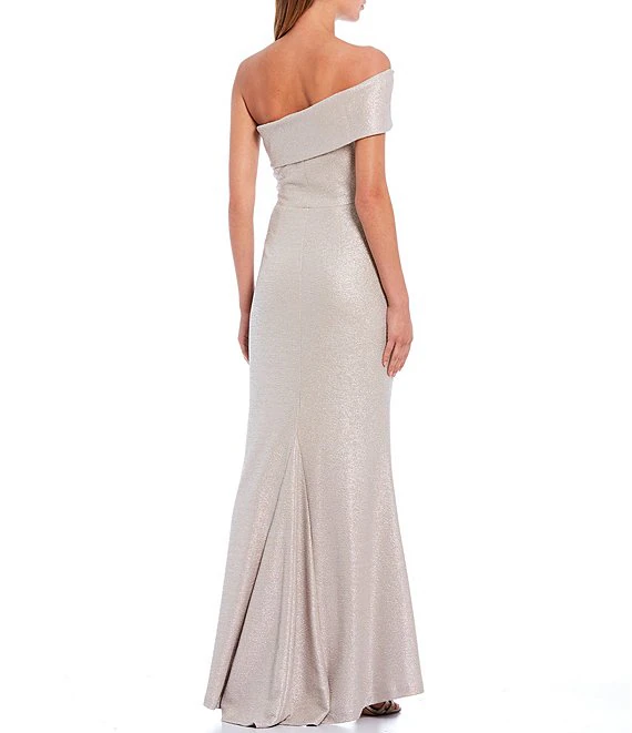 Eliza J Off the Shoulder Foiled Knit Evening Gown EJ0M5890 Eliza J Off the Shoulder Foiled Knit Evening Gown EJ0M5890