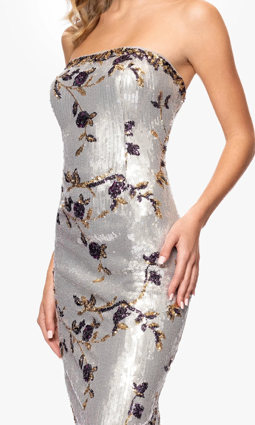 Betsy and Adam Strapless Fitted Sequin Floral Dress A26994