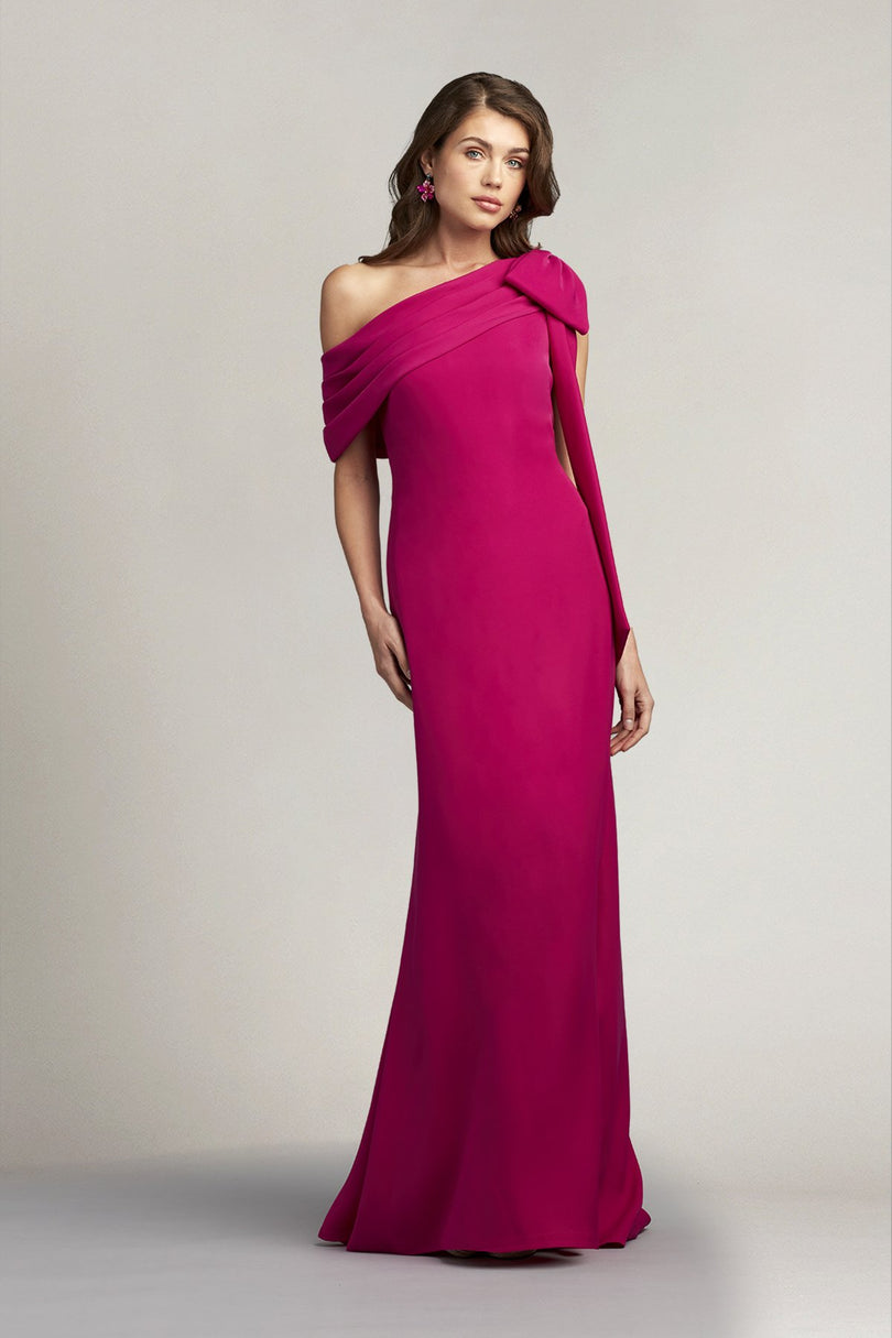 Tadashi Shoji Cassia Bow-Shoulder Crepe Evening Gown ALG1837 Tadashi Shoji Cassia Bow-Shoulder Crepe Evening Gown ALG1837