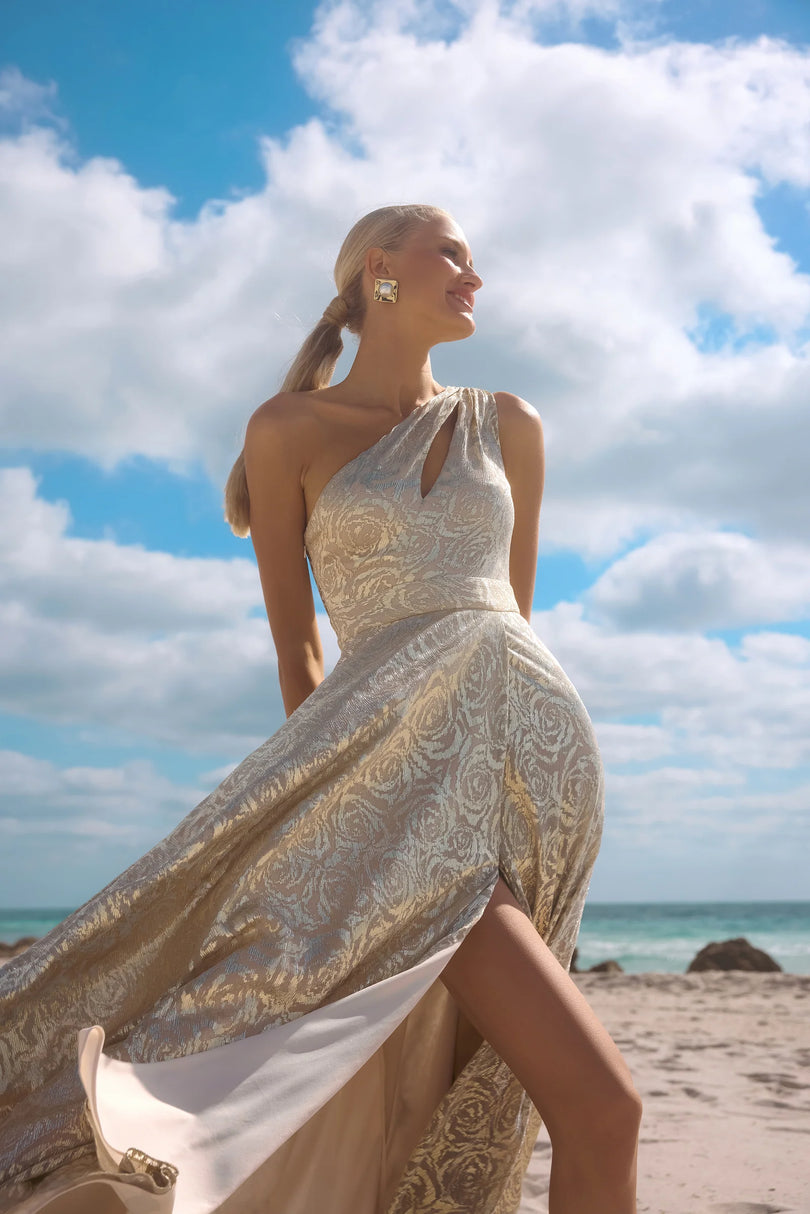 Betsy Adam Mariah Metallic Foil One Shoulder Dress A27193