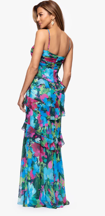 Xscape Women's V-Neck Tiered Gown - Turquoise Multi