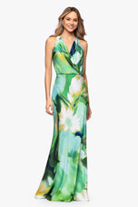 Betsy & Adam Satin Printed V Neck Long Dress A27921