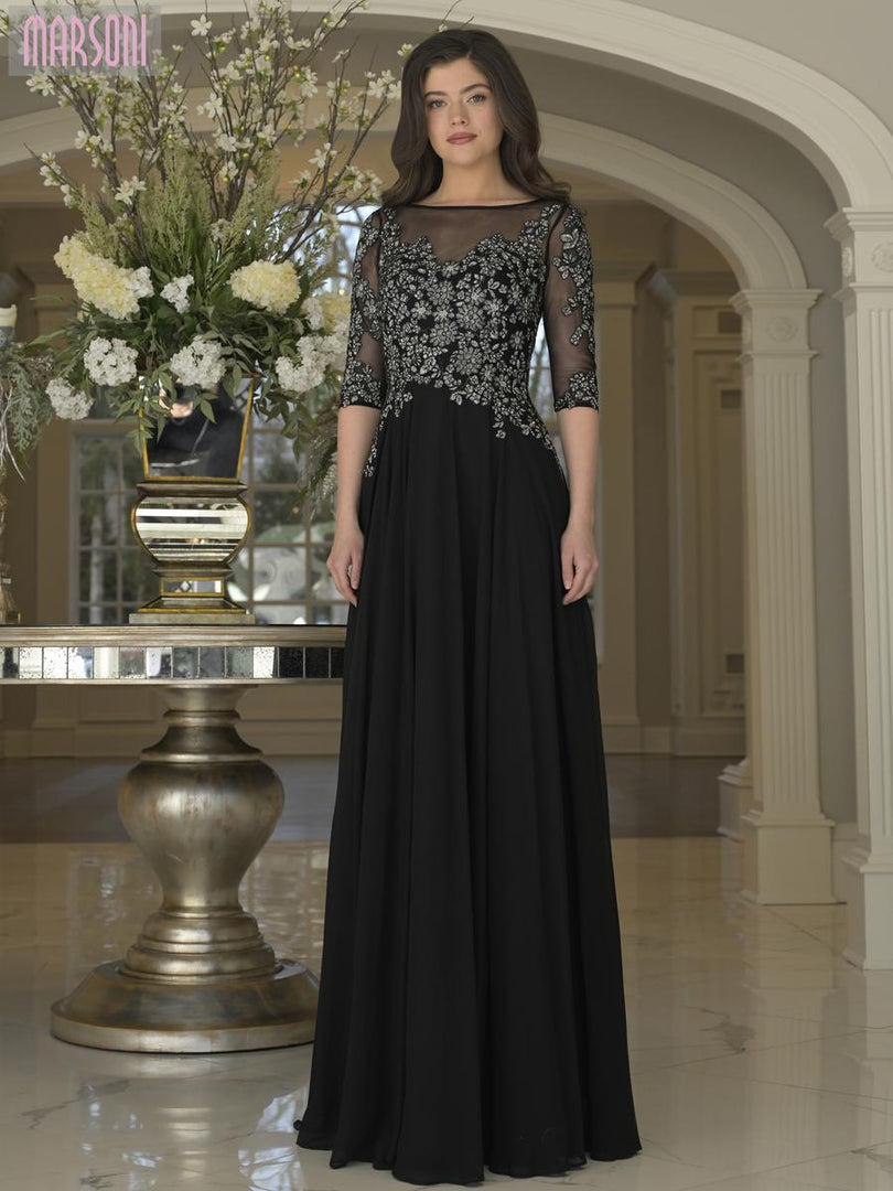 long black illusion dress Black Illusion Bodice Deep V Gown 26333