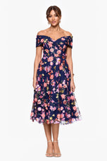 Xscape Evenings "Daniela" 3D Floral Embellished Off the Shoulder Midi Dress 6815X