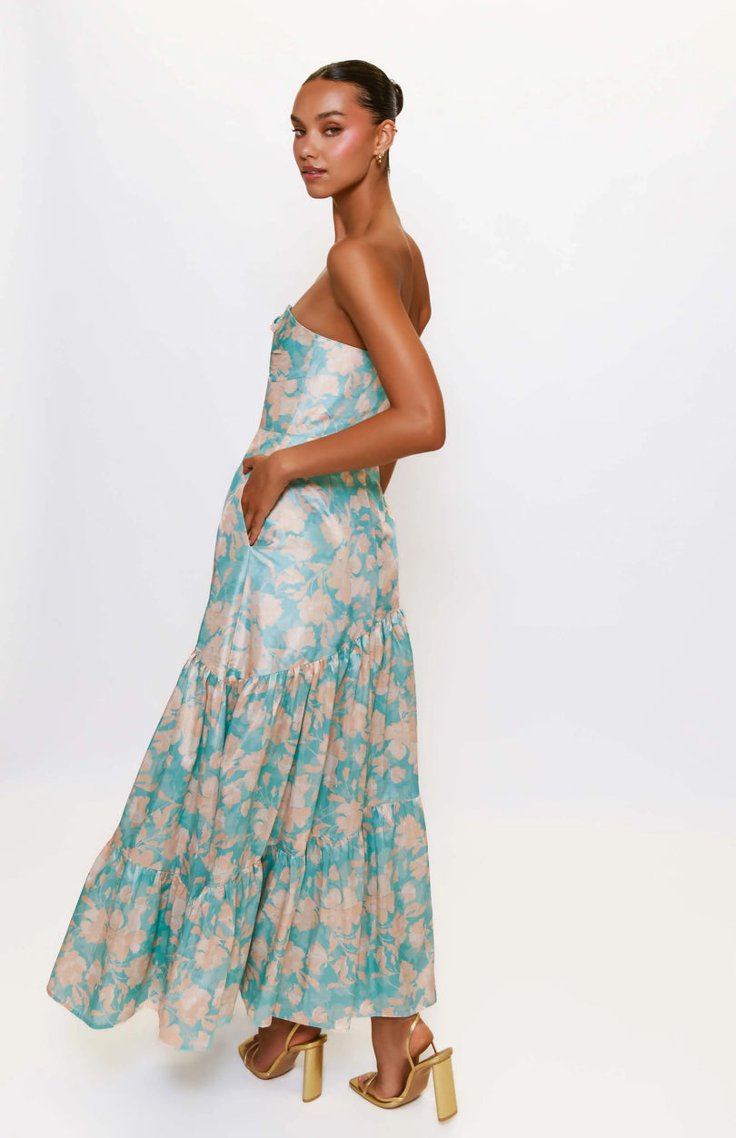 hutch phoebe strapless tiered maxi dress Hutch Phoebe Strapless Tiered Maxi Dress Sleeveless Teal Floral Size 8 NWT